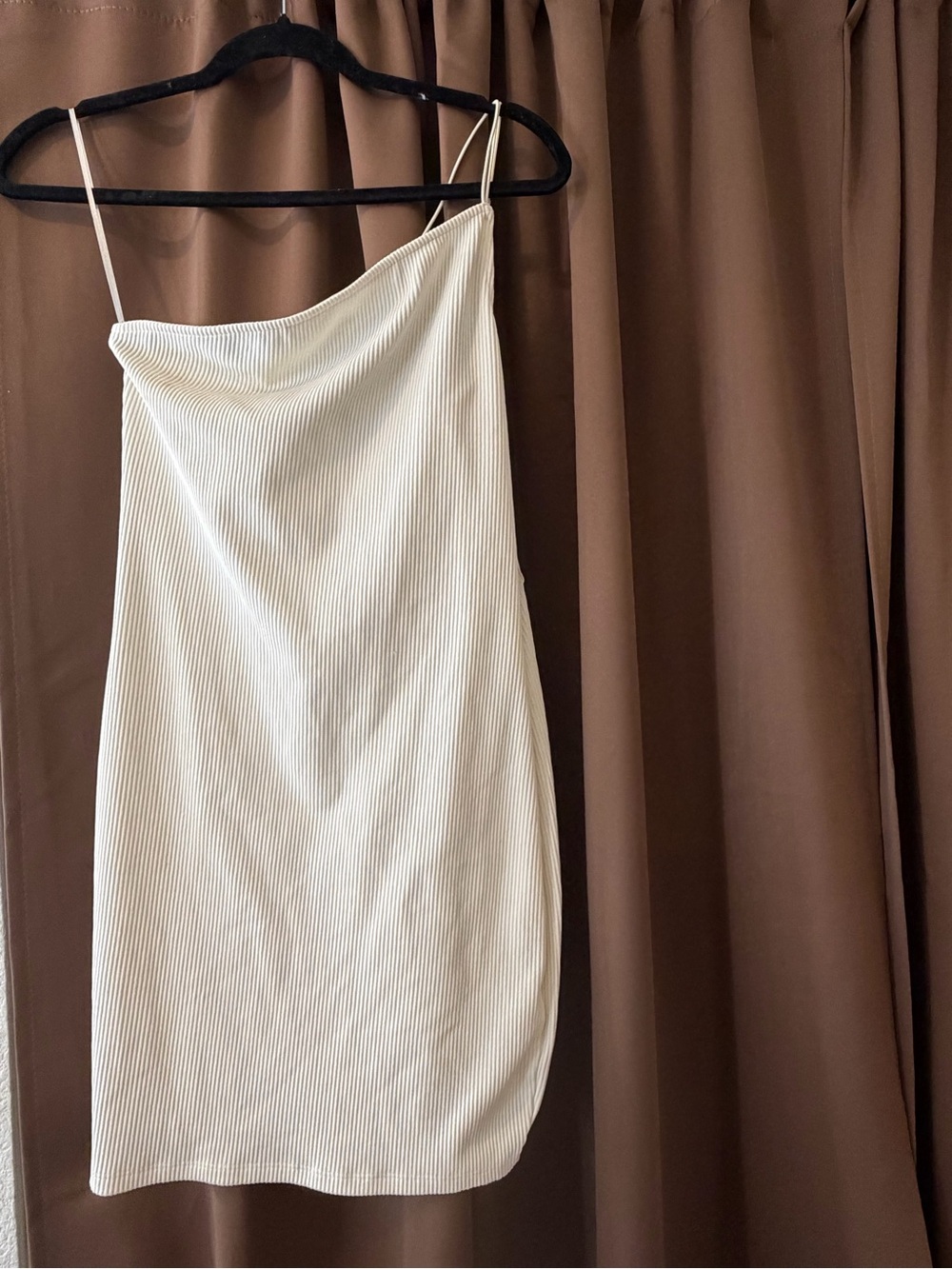 Divided Cream Ribbed Mini Slip Dress with Spaghetti Straps